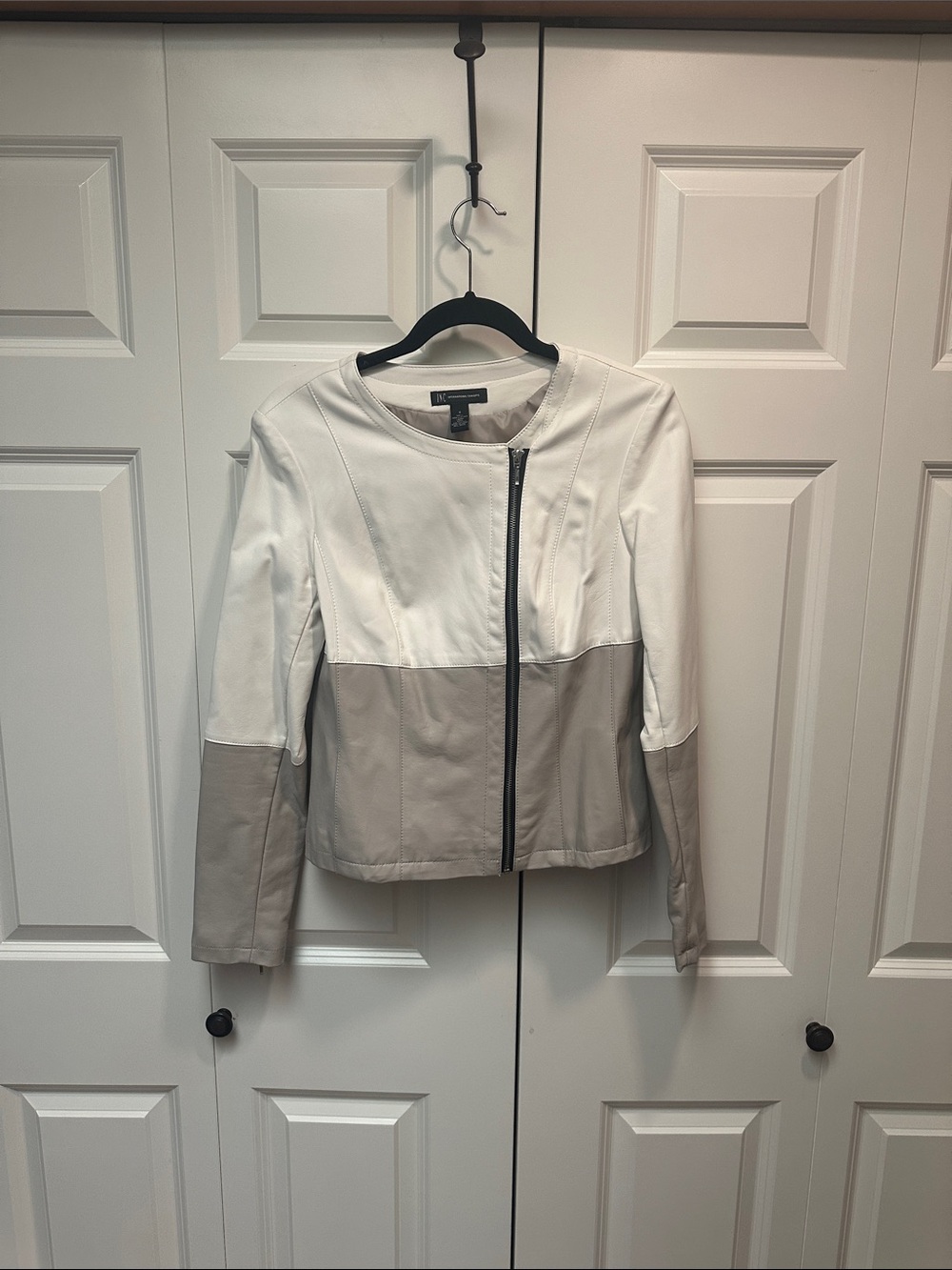 INC White and Taupe Colorblock Faux-Leather Jacket